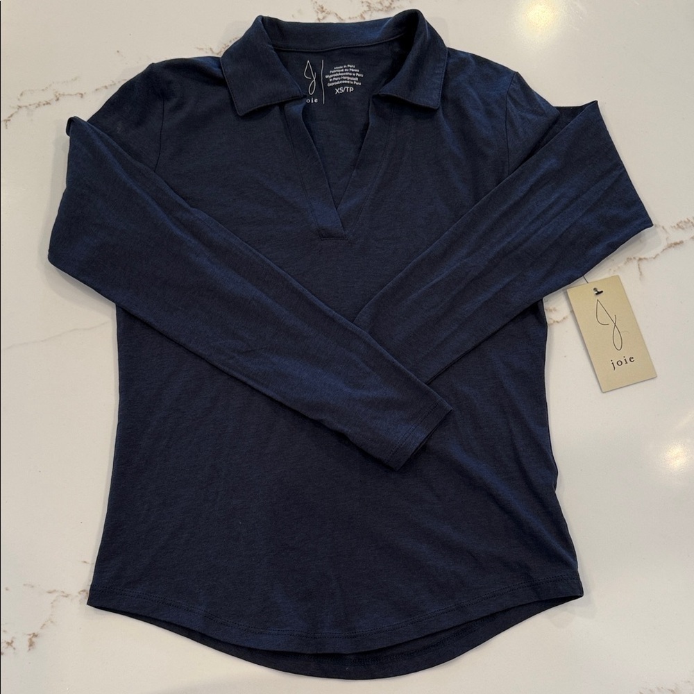 Joie Dark Blue Cotton Blend Long Sleeve Collared Top XS